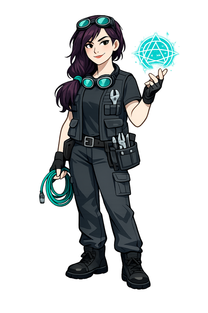 Faye Bell — web developer mascot with purple hair, goggles, and utility vest